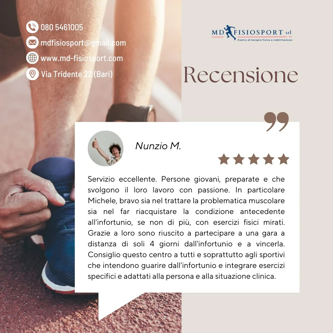 Grazie Nunzio per aver condiviso la tua esperienza positiva presso il nostro Centro e con il nostro Fisioterap
